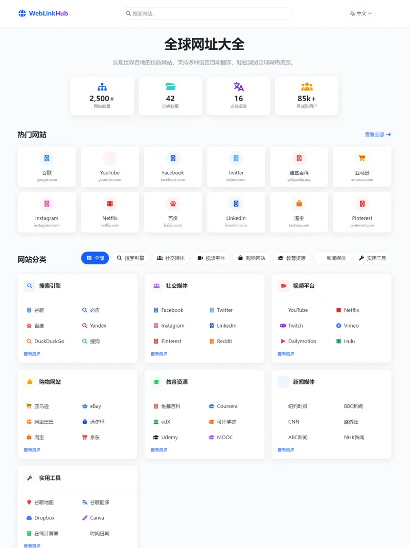 HTML静态全球网址大全导航网站源码(支持多语言)-王子主页